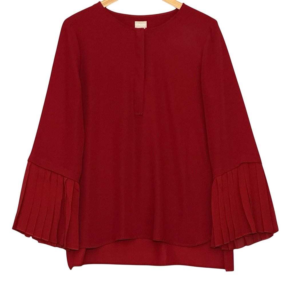 Chicos Womens Top 1 M Crimson Red Tunic Pleated Bell Classic Elegant Cocktail